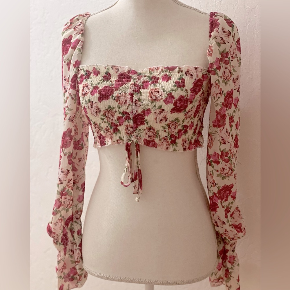 O. Vianca crop floral sheer long sleeve boho blouse